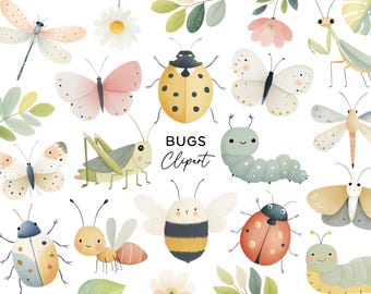 Paquete de imágenes prediseñadas de insectos, insectos de acuarela PNG, mariquita, abeja, mariposa, oruga, hormiga, hojas de jardín para invitaciones y pegatinas infantiles.