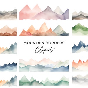 Bundle de cliparts montagne - paysage pittoresque rustique aquarelle colorée montagnes frontières PNG pour les fichiers d'art mural en téléchargement numérique d'invitations