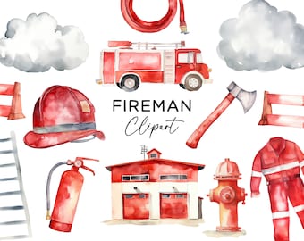 Firefighter Clipart Bundle, Watercolor Fireman Firetruck Clip Art PNG Sublimation for Invitations Stickers Digital Download Commercial Use