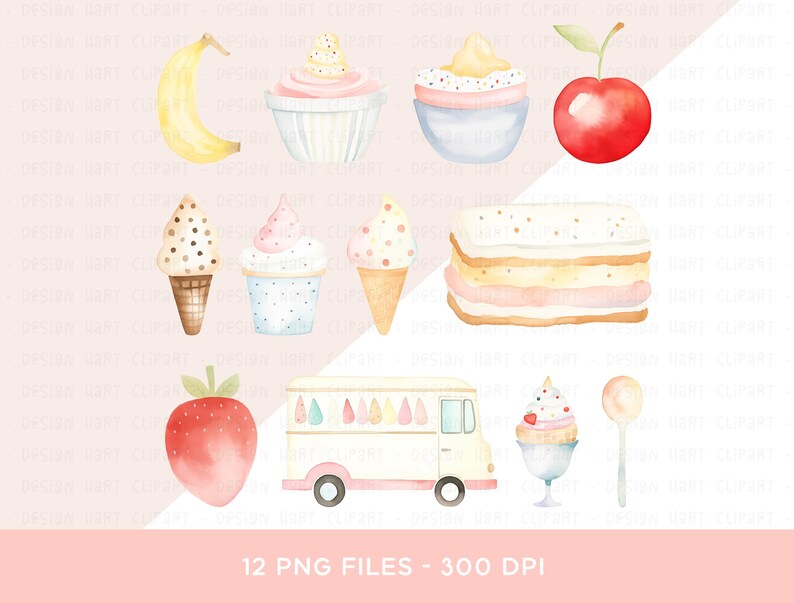 Ice Cream Clipart Bundle, PNG Digital Download Watercolor Ice Cream