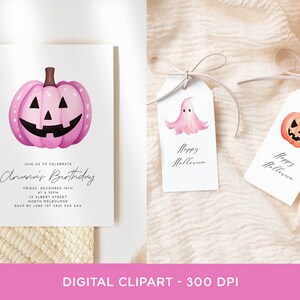 Op de afbeelding: Set digitale Halloween-thema clipart. Bevat een roze pompoen verjaardagsuitnodiging, twee cadeaulabels met een spook- en pompoenontwerp, en de tekst "Happy Halloween". De uitnodiging luidt "Join us to celebrate Ariana's Birthday".