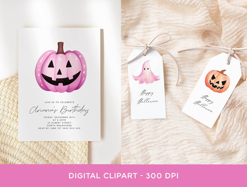 Op de afbeelding: Set digitale Halloween-thema clipart. Bevat een roze pompoen verjaardagsuitnodiging, twee cadeaulabels met een spook- en pompoenontwerp, en de tekst "Happy Halloween". De uitnodiging luidt "Join us to celebrate Ariana's Birthday".