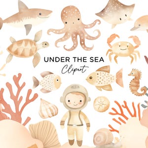 Ozean Clipart Bundle, Aquarell unter dem Meereskreaturen Tiere Strand Unterwasserkunst Schildkröte Fisch Taucher Junge Delfin PNG-Dateien Kommerzielle Nutzung