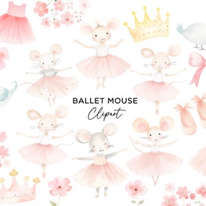 Paquete de imágenes prediseñadas de bailarina ratón, bailarina de ballet acuarela tutú floral rosa suave PNG Clip Art gráficos para invitaciones pegatinas Scrapbooking
