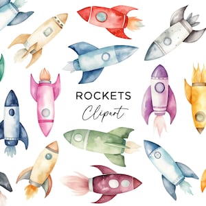Paquete de imágenes prediseñadas de cohetes, coloridos cohetes de astronauta espacial de acuarela PNG para invitaciones de cumpleaños para niños Scrapbooking Descarga digital