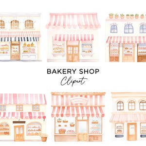 Bundle de cliparts devanture boulangerie, graphiques PNG en téléchargement numérique aquarelle vitrine façade magasins pastel usage Commercial