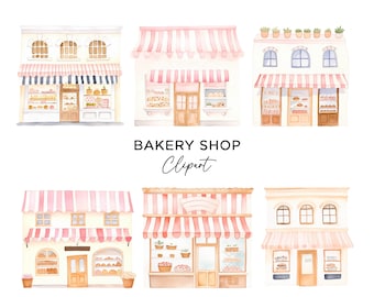 Bakery Shop Front Clipart Bundle, PNG Graphics Digital Download Watercolor Storefront Facade Pastel Shops Commercial Use