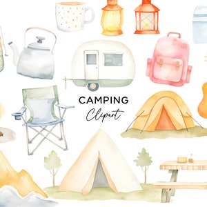 Paquete de imágenes prediseñadas de camping, Camper Caravan Picnic Fogata Saco de dormir Tienda Esky Mountain Lantern Acuarela Descarga digital Uso comercial