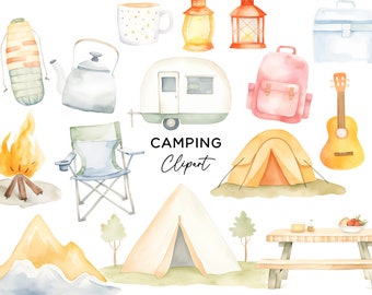 Camping Clipart Bundle, Camper Caravan Picnic Campfire Sleeping Bag Tent Esky Mountain Lantern Watercolor Digital Download Commercial Use