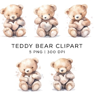 Clipart ours en peluche, ours en peluche tenant des coeurs PNG, aquarelle marron neutre doux pour enfants Sublimation graphiques pour travaux manuels, usage Commercial