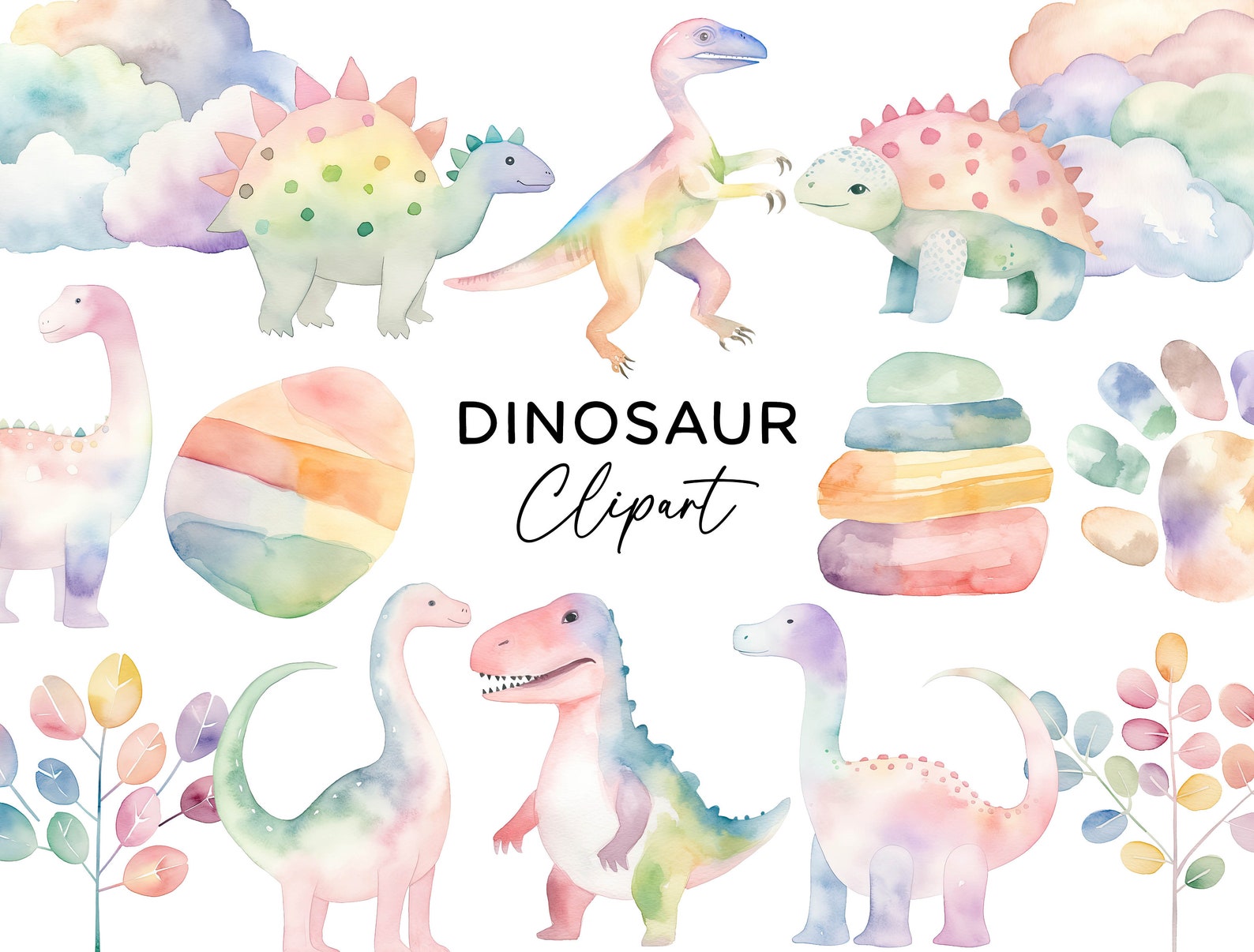 Dinosaurs Clipart Bundle - Rainbow Watercolor T-rex Jurassic Art PNG ...
