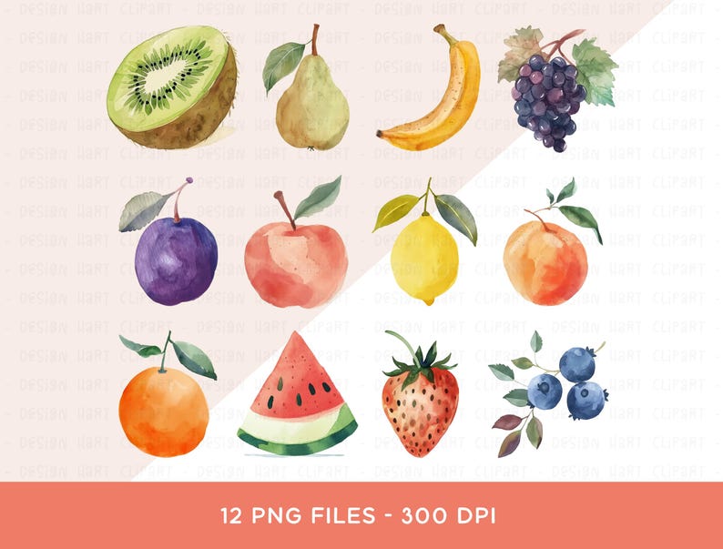 Fruit Clipart Bundle: Watercolor Watermelon Apple Banana Strawberry ...