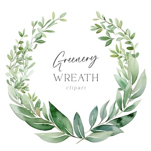 Clipart couronne de feuilles - aquarelle feuilles de verdure PNG pour faire-part de mariage, cartes de voeux, art mural, téléchargement numérique à usage Commercial