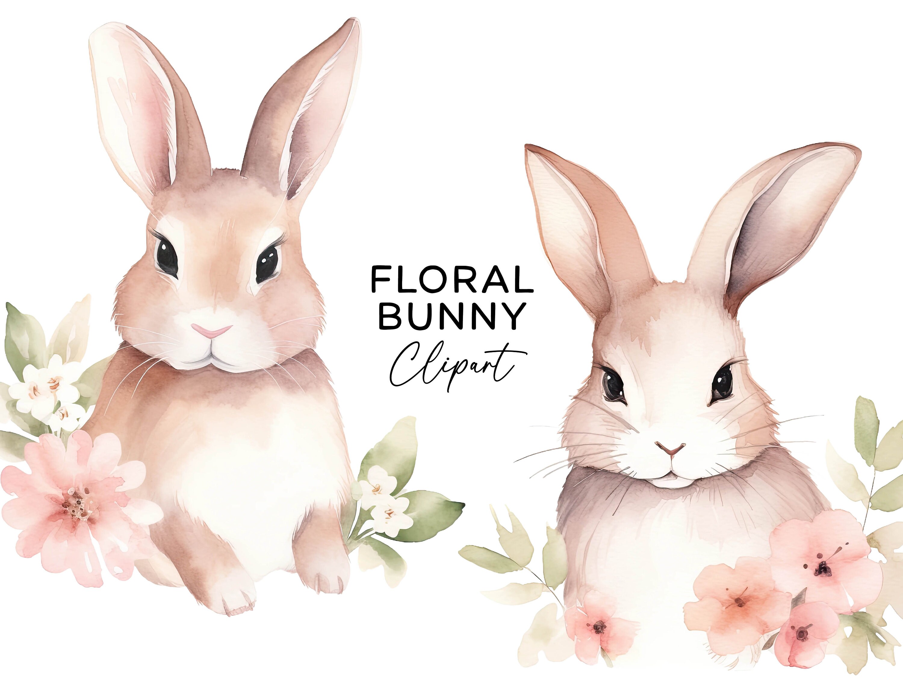 Floral Bunny Clipart Bundle, Watercolor Spring Rabbit Graphics Easter ...