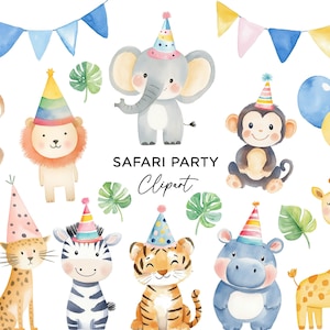 Party Animals Clipart Bundle, Watercolor Safari Jungle Zoo Animals with Party Hats Balloons Lion Zebra Giraffe Tiger Art PNG Commercial Use