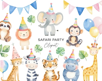 Pode incluir: Ilustração em aquarela de animais da selva, incluindo uma preguiça, um leão, um elefante, um macaco, um guepardo, uma zebra, um tigre, um hipopótamo e uma girafa, todos usando chapéus de festa. A imagem também apresenta bandeirolas e balões. O texto diz "SAFARI PARTY Clipart."