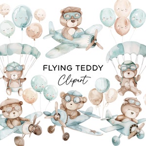 Bundle de cliparts ours volant, ours en peluche dans des avions, des ballons parachutistes en bleu marron pastel PNG pour des invitations à des fêtes, des fichiers d'art mural pour chambre d'enfant
