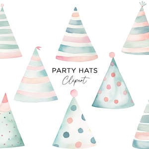 Feesthoeden clipartbundel, png aquarel kleurrijk roze blauw groen groenblauw leuke verjaardagsfeestje hoeden voor kinderen uitnodigingen stickers commercieel gebruik