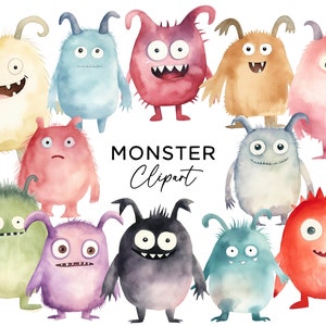 Monster Clipart Bundle - Aquarell süße glücklich lächelnde Monster Emotionen PNG Clip Art für Kinder Einladungen Schule Handwerk Kinderzimmer Wandkunst