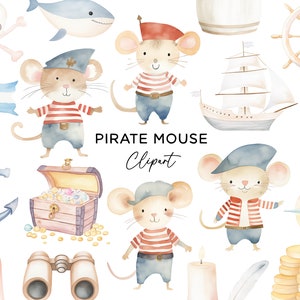 Bundle de cliparts pirate, pirate souris trésor navire carte crâne nautique enfants fête Invitations PNG aquarelle téléchargement numérique usage Commercial