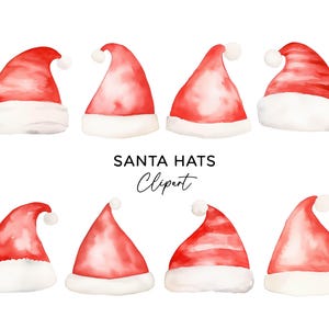 Lot de cliparts bonnet de Noel : Aquarelle Noël Red Hat PNG Noël festif sublimation usage commercial téléchargement numérique pour faire-parts autocollants