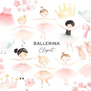 Ballerina Clipart Bundle, Ballett-Tänzerin Kinder Mädchen Schwan Krone Blumen rosa Tutu PNG Aquarell Digital Download Kommerzielle Nutzung Clip Art Dateien