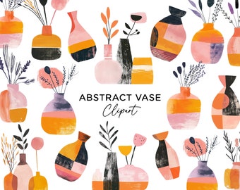 Può includere: Una collezione di 14 vasi astratti di varie forme e colori, con una gamma di colori rosa, arancio e giallo. I vasi sono decorati con motivi geometrici e pennellate. Il testo "ABSTRACT VASE Clipart" è scritto al centro dell'immagine.