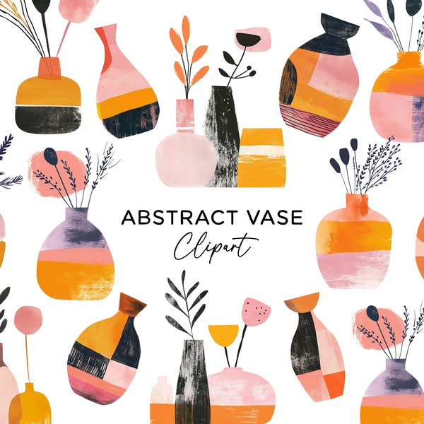 Vase Clipart Bundle - Watercolor Abstract Boho Pottery Pink Terracotta Clay Pots PNG for Invitations Wall Art Digital Download Commercial