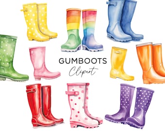 Paquete de imágenes prediseñadas de botas de goma, botas de lluvia de acuarela, gráficos lluviosos de invierno PNG Descarga digital Uso comercial Niños Clip Art PNGs