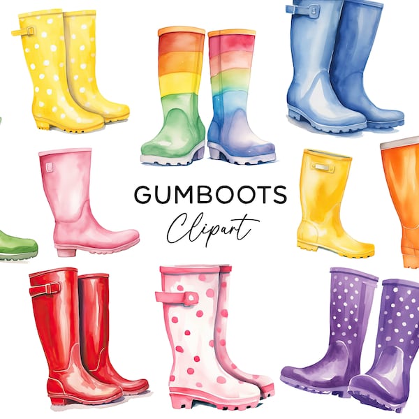 Bundle de cliparts bottes en caoutchouc, aquarelle bottes de pluie bottes de pluie hiver pluvieux graphiques PNG téléchargement numérique usage commercial enfants Clip Art PNG