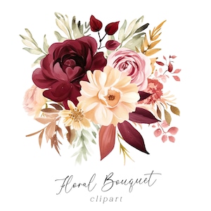 Clipart bouquet de fleurs, aquarelle bordeaux or bouquet de fleurs PNG en téléchargement numérique pour usage commercial, fleurs de printemps botaniques pour les Invitations