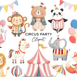 Carnaval clipartbundel, aquarel circusdieren leeuw aap olifant vos tent png-afbeeldingen voor uitnodigingen feeststickers scrapbooking