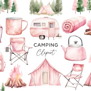 Roze Camping Clipart Bundel, Aquarel Adventure Camper Tent Kampvuur PNG voor meisjes Verjaardagsuitnodigingen Wall Art Digitale Downloadbestanden