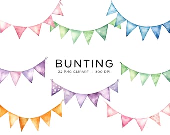 Bunting Clipart Bundle, Watercolor Pastel Flag PNG Digital Download Rainbow Bunting, Baby Shower Birthday Invitations Planner Commercial Use