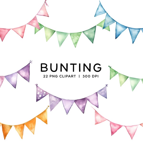 Bunting Clipart Bundle, Watercolor Pastel Flag PNG Digital Download Rainbow Bunting, Baby Shower Birthday Invitations Planner Commercial Use