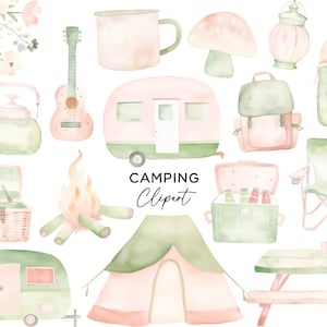 Paquete de imágenes prediseñadas de camping rosa verde, Acuarela Aventura Camper Carpa Fogata PNG para Niñas Invitaciones de cumpleaños Arte de pared Descarga digital