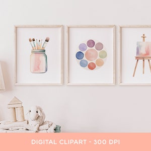 May include: Three watercolor illustrations of art supplies: a jar of paintbrushes, a paint palette, and an easel with a canvas.