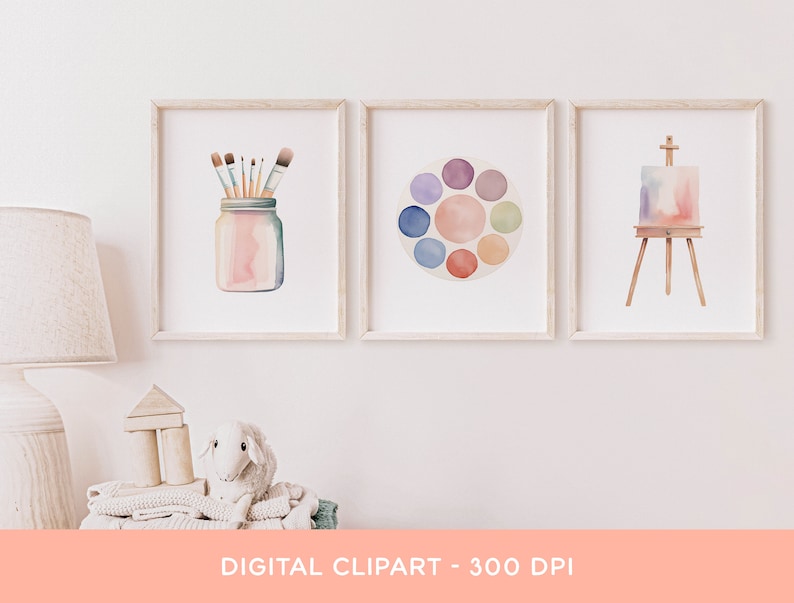 May include: Three watercolor illustrations of art supplies: a jar of paintbrushes, a paint palette, and an easel with a canvas.