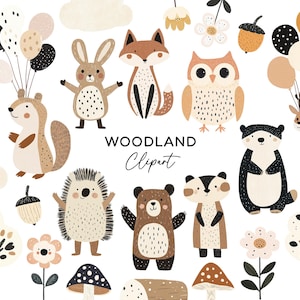 Woodland Animals Watercolor Clipart, Forest PNG Bundle Cute Fox Bear Squirrel Rabbit Owl Commercial Nursery Clip Art for Kids Invitations