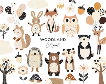 Woodland Animals Watercolor Clipart, Forest PNG Bundle Cute Fox Bear Squirrel Rabbit Owl Commercial Nursery Clip Art for Kids Invitations