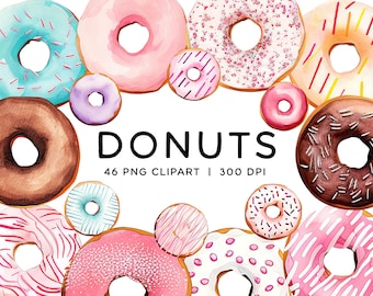 Watercolor Donuts Clipart Bundle, PNG Graphics Digital Download Commercial Use Pastel Donut Baby Shower Birthday Party Summer Bakery Clipart