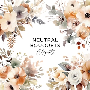 Bundle de cliparts floraux, bouquets de fleurs aquarelle neutre bohème, faire-part de mariage bohème graphique usage Commercial téléchargement numérique PNG