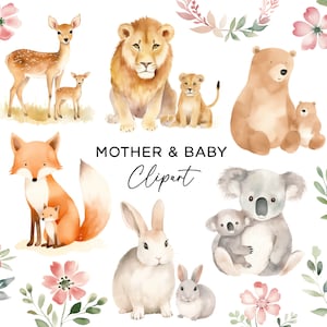 Mutter & Baby Clipart Bundle, Aquarell Tier Mama Fuchs Reh Löwe Bär Koala Hase Kaninchen PNG für Kinderzimmer Wand Kunst Kinder Party Einladungen