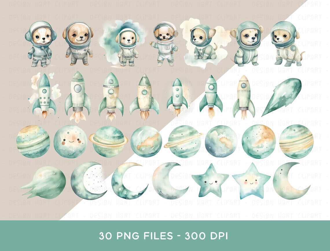 Astronaut Puppy Clipart - Watercolor Space Dog Galaxy Rocket Ship ...