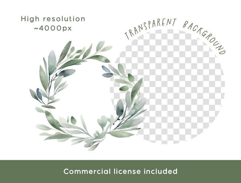 Eucalyptus Wreath Clipart, Watercolor Soft PNG Graphic Commercial Use ...