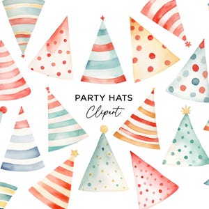 Party Hats Clipart Bundle, PNG Graphics Digital Download Watercolor Colorful Birthday Party Hats for Invitations or Stickers Commercial Use