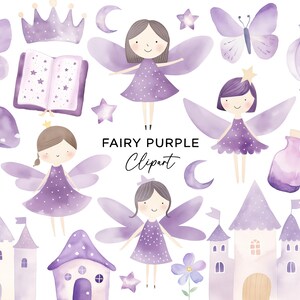 Bundle de cliparts fées, téléchargement numérique PNG aquarelle violet conte de fées magique couronne enchantée papillon dessin animé lunatique enfants publicité