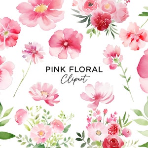 Watercolor Flowers Clipart Bundle, Pink Floral Elements Bouquets Wreaths for Wedding Invitations Stationery Spring Decor PNG Commercial Use