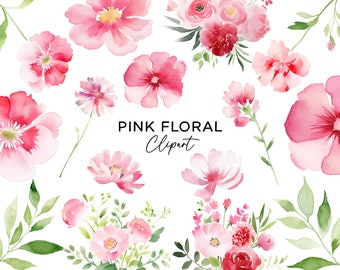 Watercolor Flowers Clipart Bundle, Pink Floral Elements Bouquets Wreaths for Wedding Invitations Stationery Spring Decor PNG Commercial Use