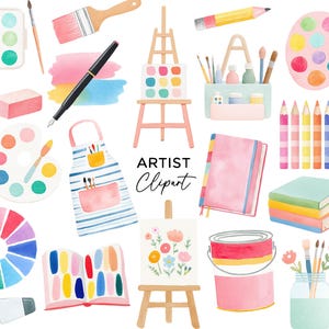 Konstnär Clipart Bundle - Akvarell Konstklass Pensel Staffli Canvas Clip Art PNG Grafik för Inbjudningar Scrapbooking Kommersiellt Bruk
